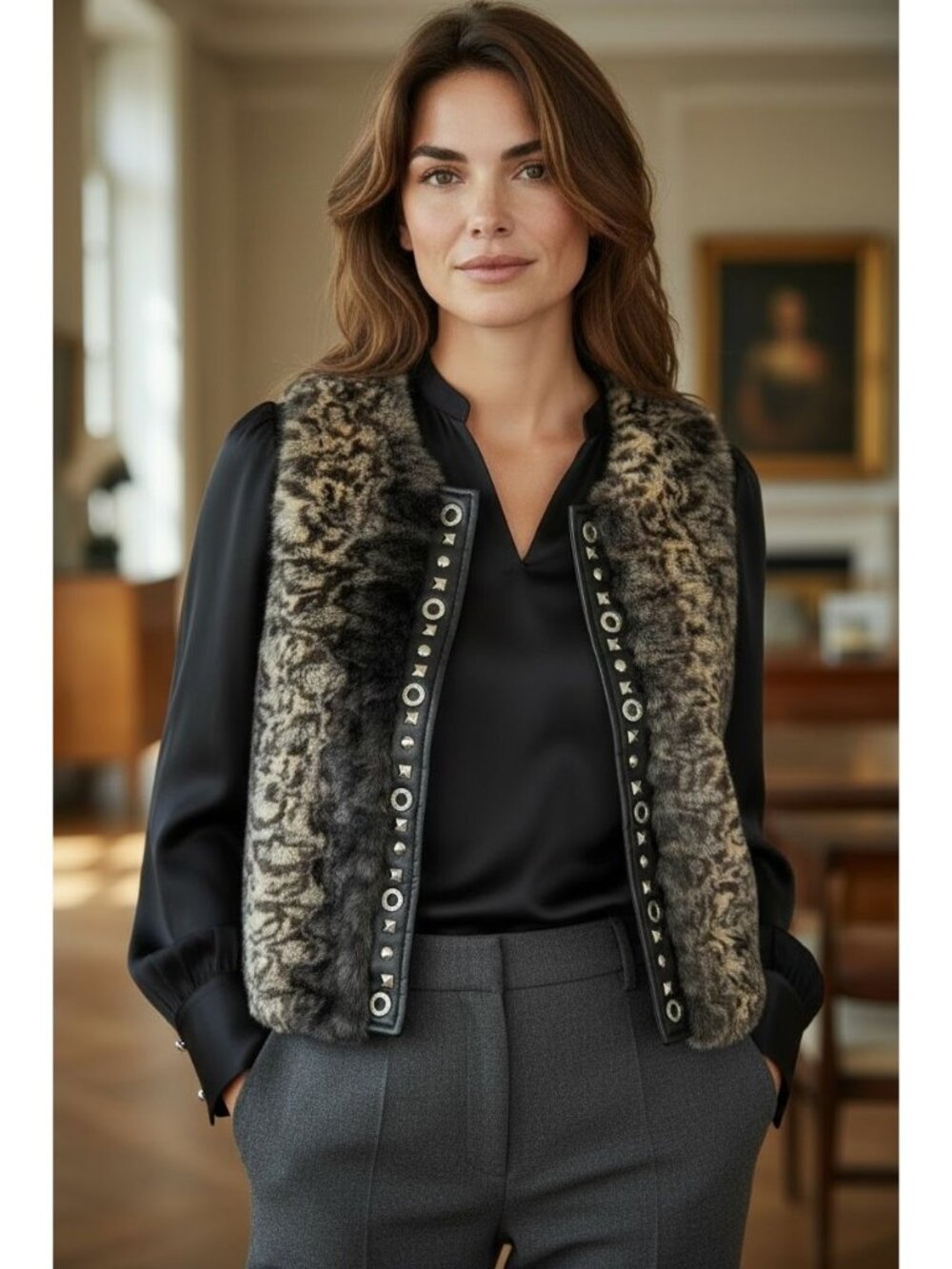 Cache Womens Size S Black Vest Faux Fur Animal Print Embellished Silver Lined